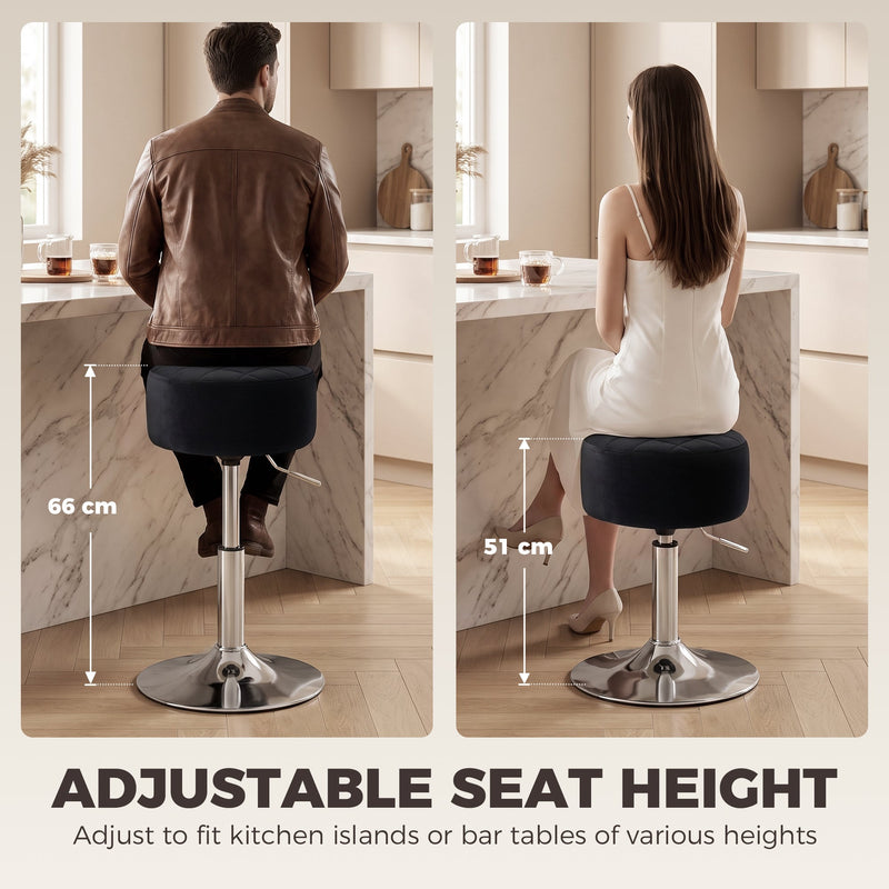 Split image of the black stool raised to 66 cm and lowered to 51 cm at a kitchen counter