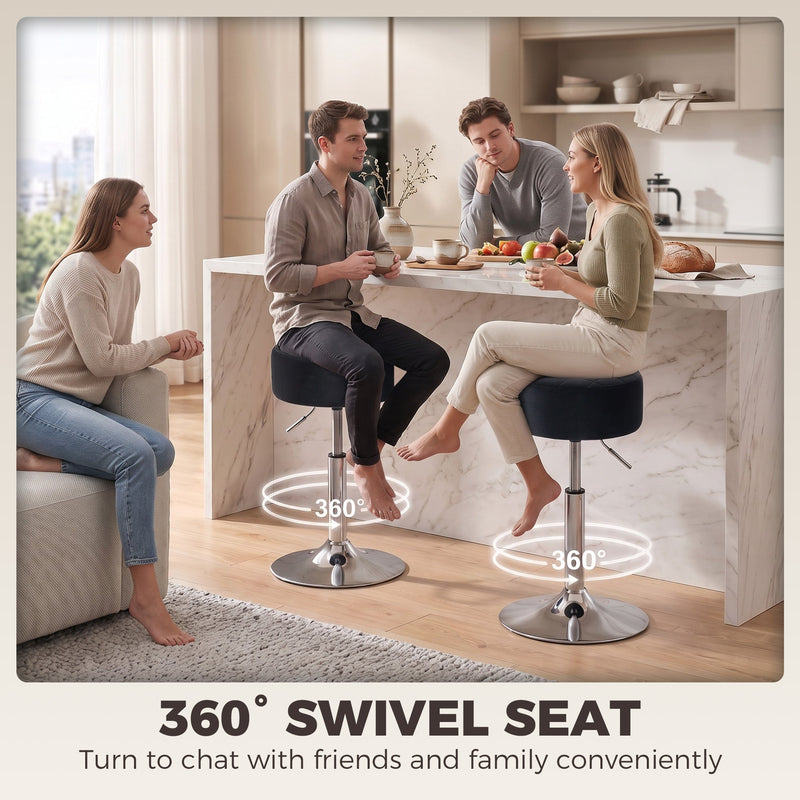 Four people around a kitchen island with two black stools marked as 360 degree swivel seats