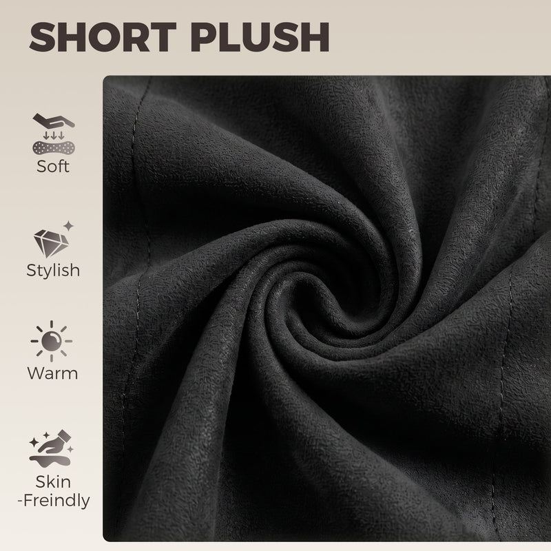 Close-up of the black short plush seat fabric labelled soft, stylish, warm and skin-friendly