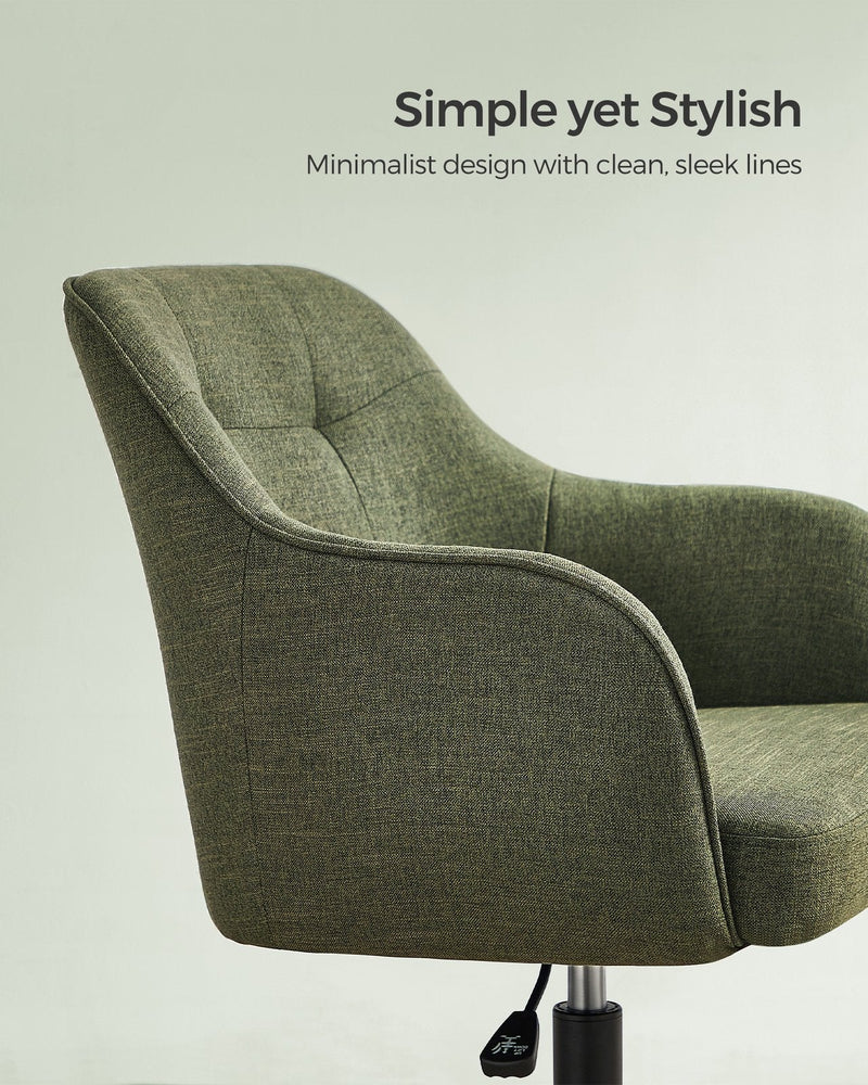 Close-up of the curved green cotton-linen fabric shell and stitched armrest