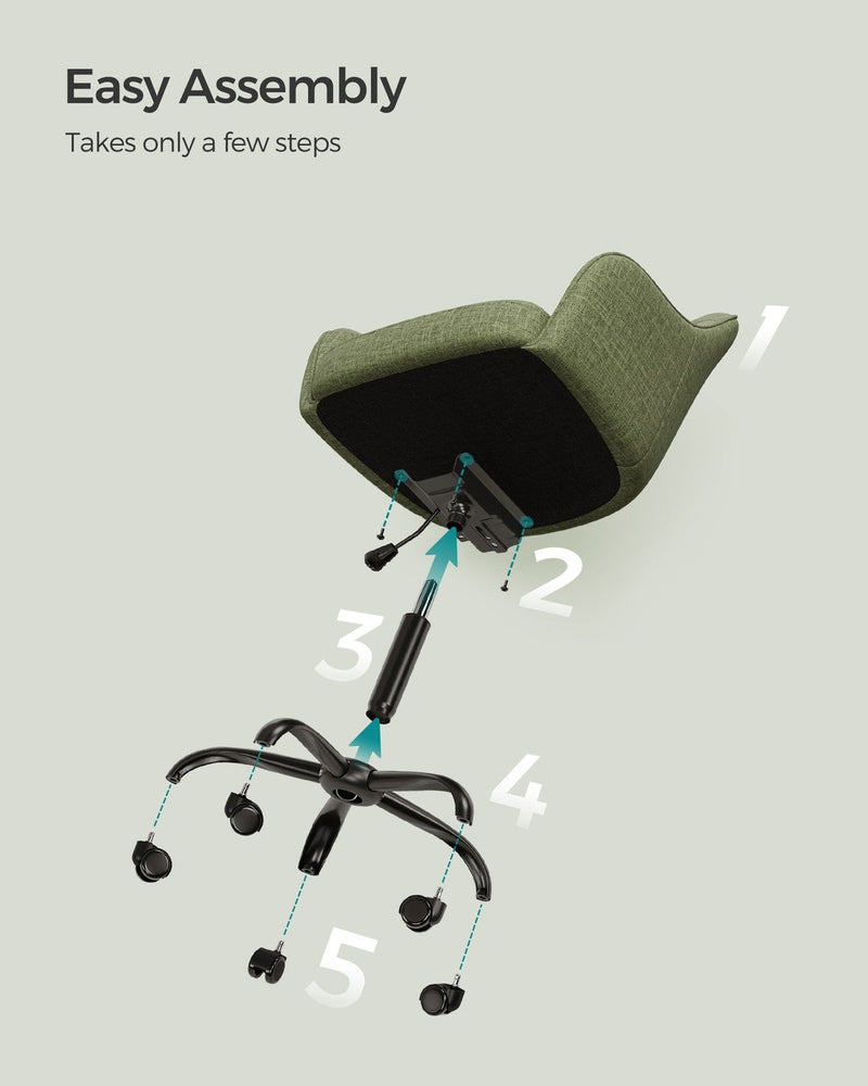 Exploded assembly diagram of the seat, gas lift, five-star base and five castors