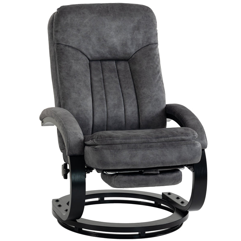Front view of the recliner armchair upright with curved arms and round swivel base