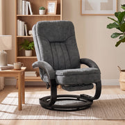 Recliner armchair with channel-stitched backrest in a room with shelves and a fiddle-leaf plant