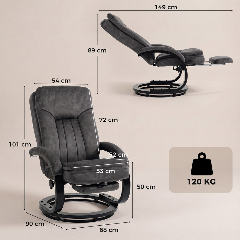 Upright and reclined side views with 54 cm backrest width, 53 cm seat width and 120 kg weight limit