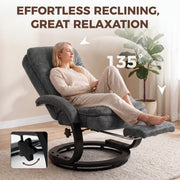 Recline lever close-up inset beside a woman relaxing with legs up on the footrest