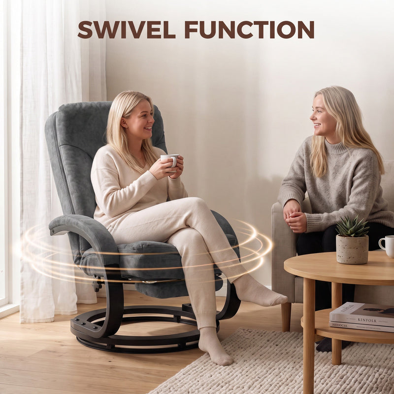 Two friends chatting as one turns in the 360 degree swivel recliner