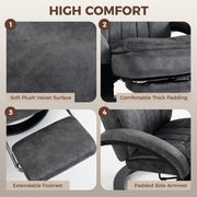 High comfort detail panel of soft plush velvet, foam padding, pull-out footrest and side armrest