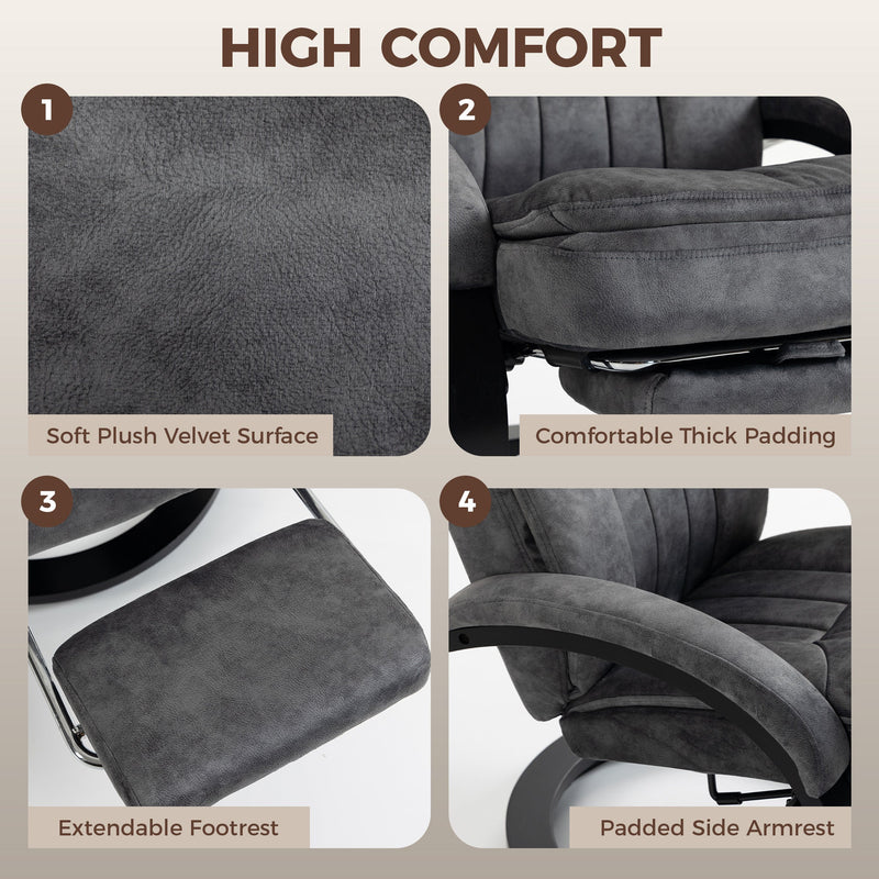 High comfort detail panel of soft plush velvet, foam padding, pull-out footrest and side armrest