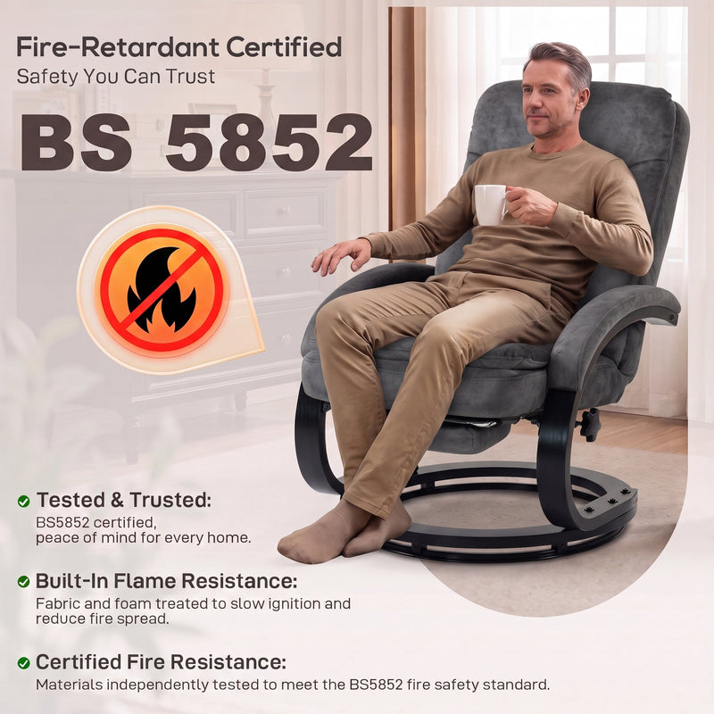 Fire-retardant certified recliner with tested and trusted BS 5852 safety points listed