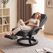 Woman resting in the reclined chair with feet on the footrest beside a lamp and bookcase