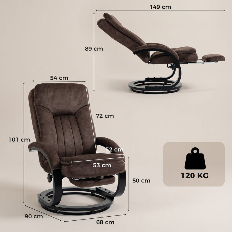 Dimensions diagram of the swivel recliner showing 68 cm width, 101 cm height and 149 cm reclined depth