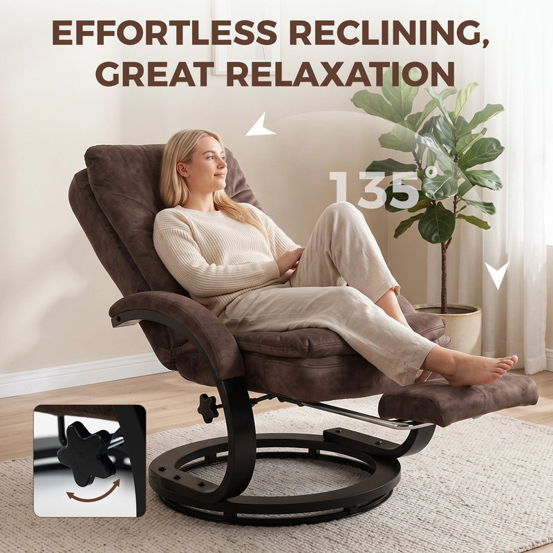 Woman reclining at 135 degrees with the footrest extended in a bright living room