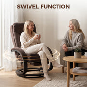 Woman holding a mug in the swivel recliner with motion lines showing the 360 degree swivel