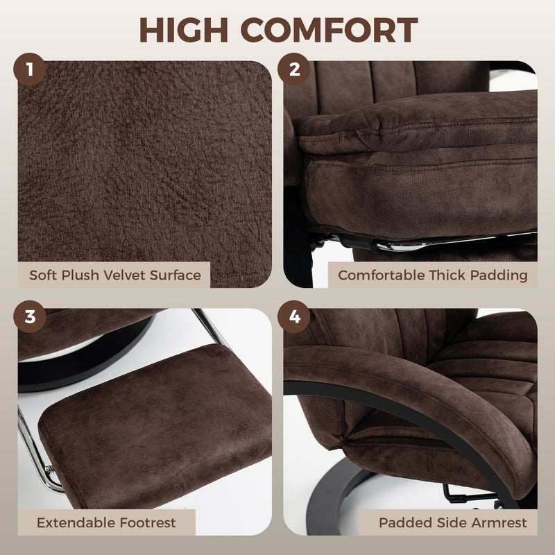 Four close-ups showing velvet surface, thick padding, extendable footrest and padded armrest