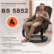 BS 5852 fire-retardant certification panel beside a man seated in the recliner with a mug