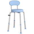Light blue swivel shower chair with round seat, backrest and adjustable aluminium legs on a plain background
