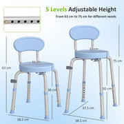 Diagram showing the shower chair seat height adjusting from 38 cm to 50 cm across 5 levels