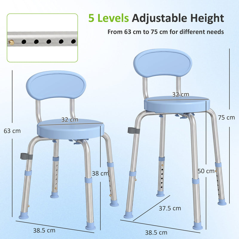 Diagram showing the shower chair seat height adjusting from 38 cm to 50 cm across 5 levels