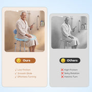 Comparison panel showing an older woman turning easily on the low-friction swivel shower chair