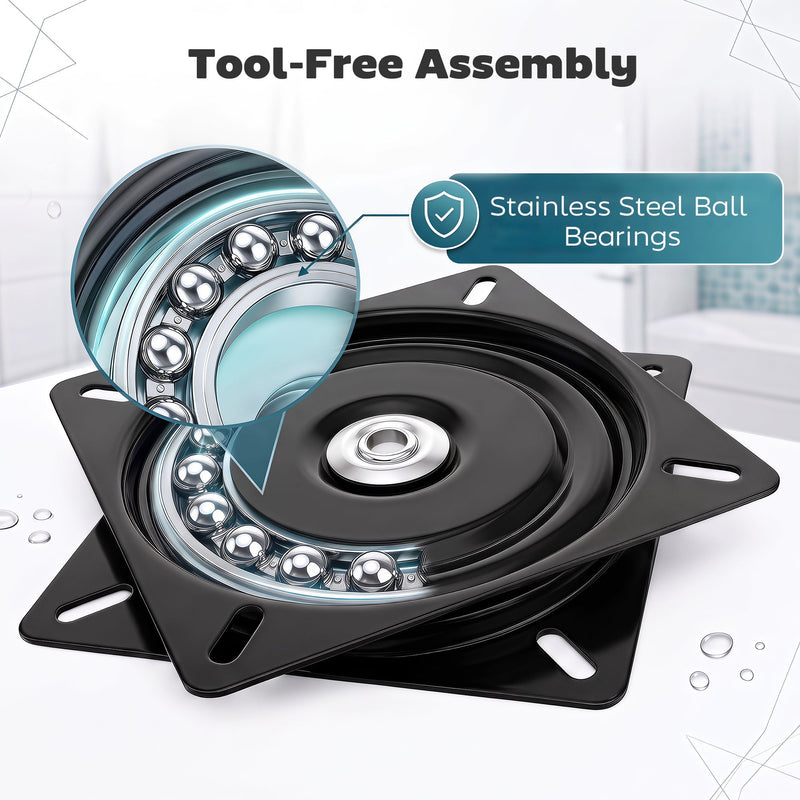 Close-up of the stainless steel ball bearing swivel plate inside the shower chair seat
