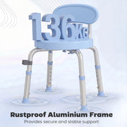 Light blue shower chair with a 136 kg weight capacity graphic and rustproof aluminium frame