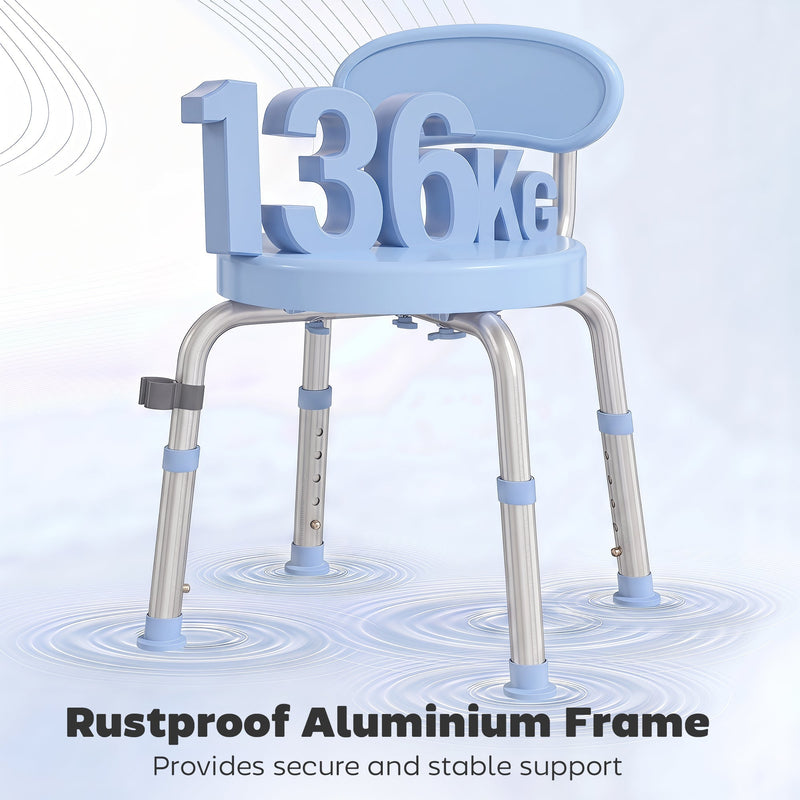 Light blue shower chair with a 136 kg weight capacity graphic and rustproof aluminium frame