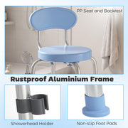 Feature panel showing the chair's PP seat and backrest, showerhead holder clip and non-slip foot pads