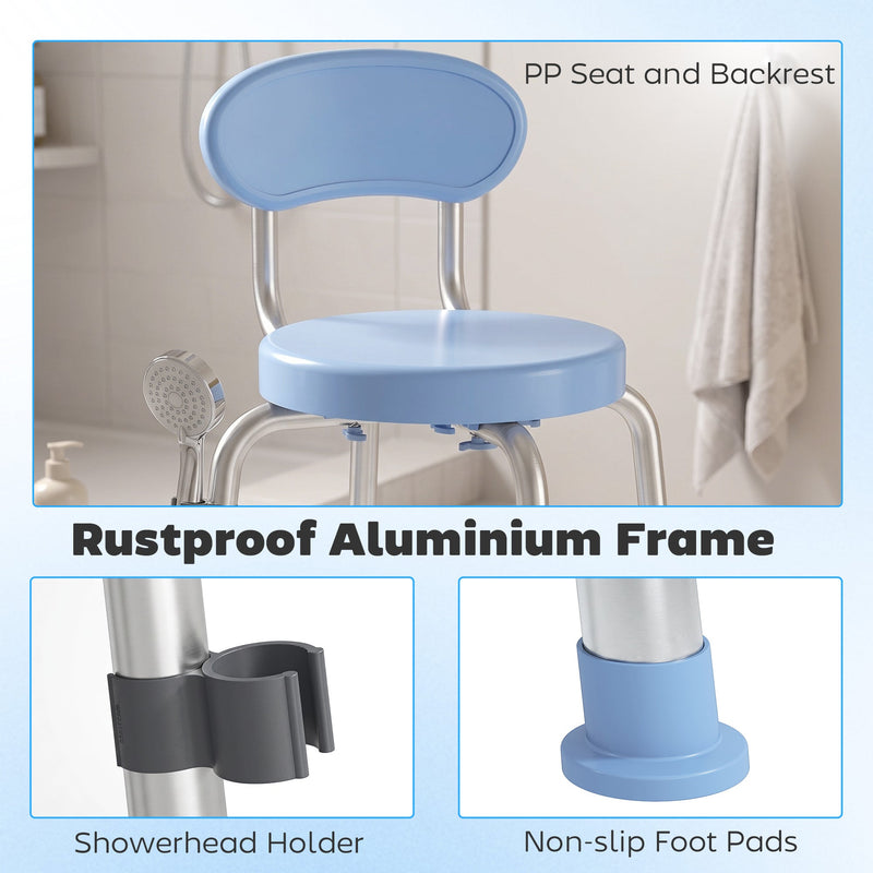 Feature panel showing the chair's PP seat and backrest, showerhead holder clip and non-slip foot pads