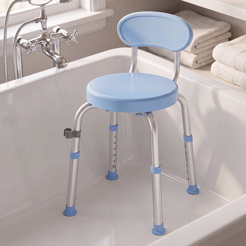 Light blue swivel shower chair standing inside a white bath beside folded towels