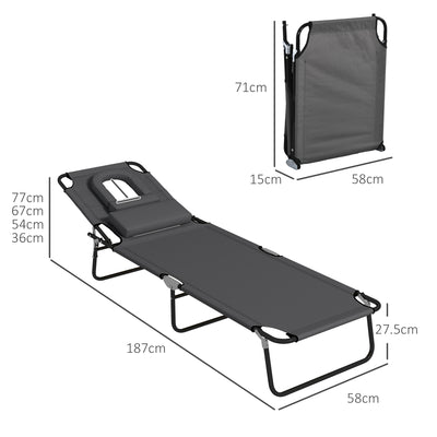 Set of 2 Folding Sun Loungers with Adjustable Backrest and Face Hole for Garden, Dark Grey Outsunny