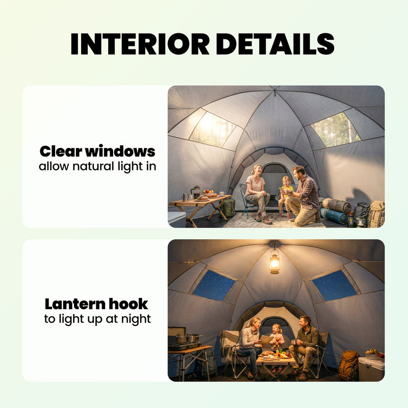 6-9 Person Tunnel Camping Tent With 3 Bedrooms, Living & Porch, Light Grey