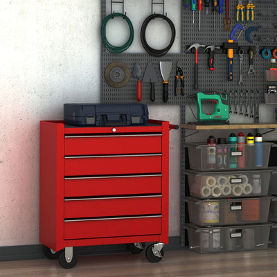 Lockable 5 Drawer Steel Tool Chest on Wheels with Side Handle for Garage or Workshop Red
