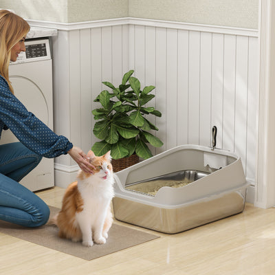 XXL Stainless Steel Cat Litter Box with High Sides and Scoop for Easy Cleaning, Silver