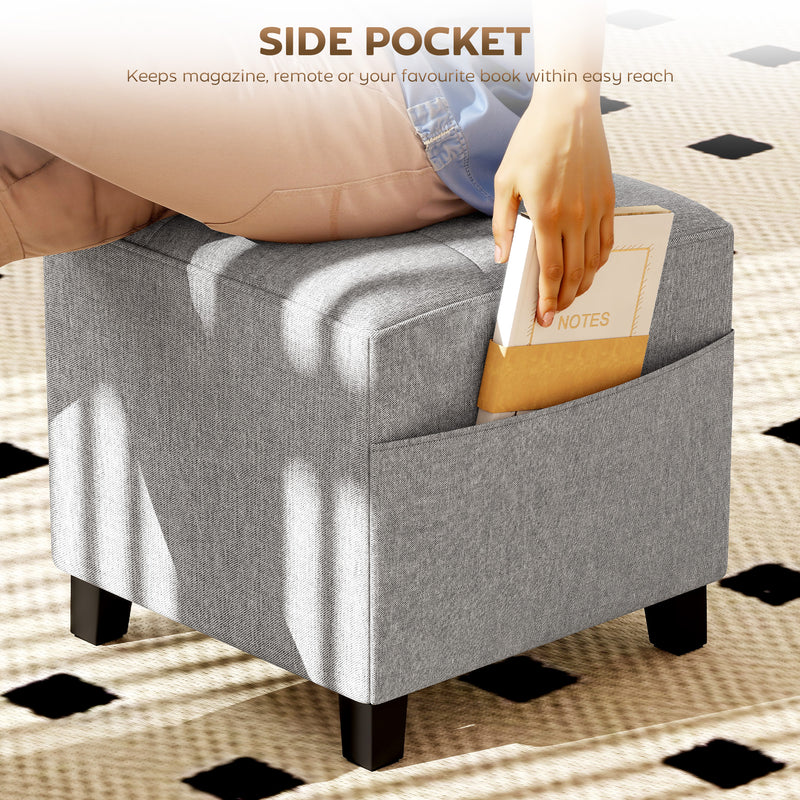 Small Light Grey Linen Ottoman Footstool With Side Pocket And Padded Seat For Living Room