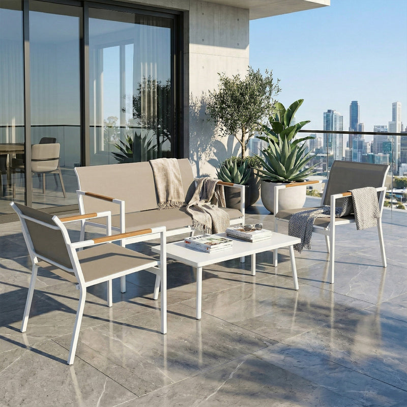 Outsunny 4 Seater Garden Furniture Set with Loveseat, Armchairs, Table, Metal Garden Sofa Set with Breathable Seats, Khaki AOSOM