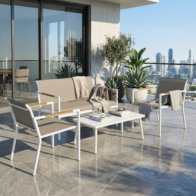 Outsunny 4 Seater Garden Furniture Set with Loveseat, Armchairs, Table, Metal Garden Sofa Set with Breathable Seats, Khaki AOSOM