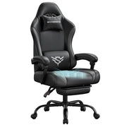 Ink black and slate grey synthetic leather gaming chair with footrest, studio shot