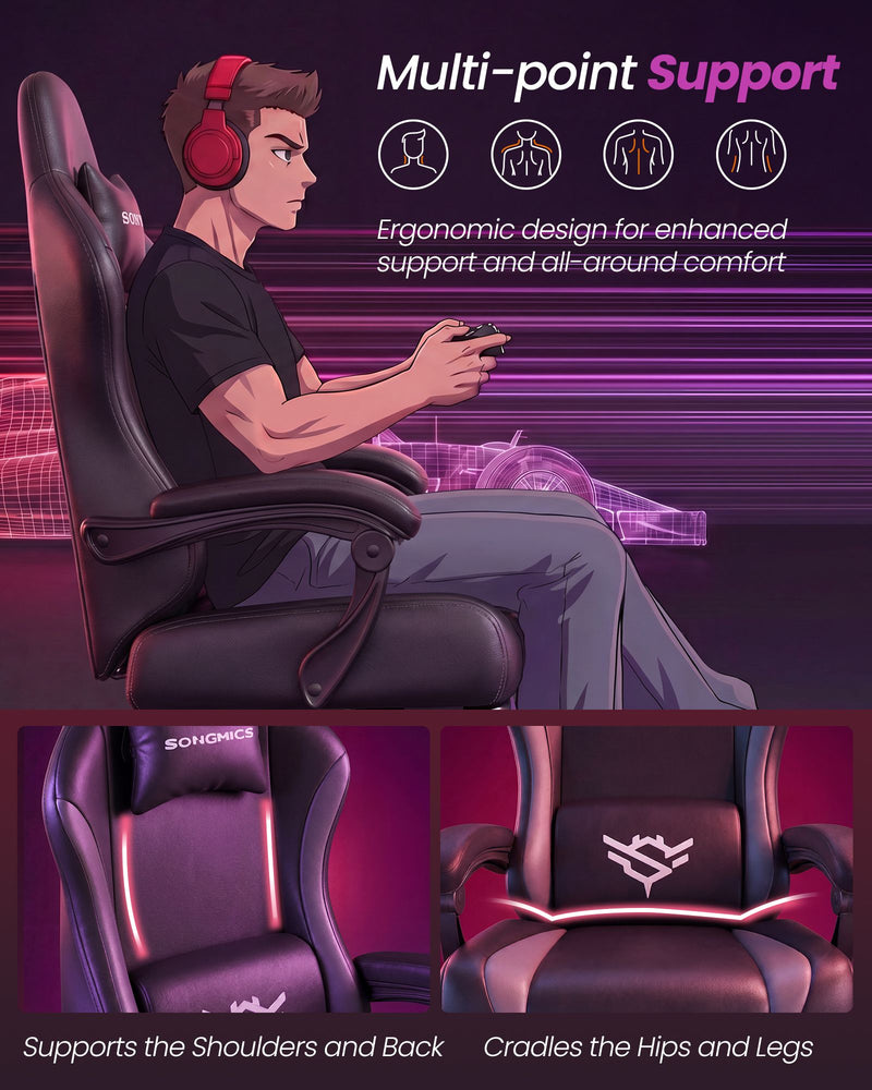 Illustration of a gamer seated with the chair supporting shoulders, back, hips and legs