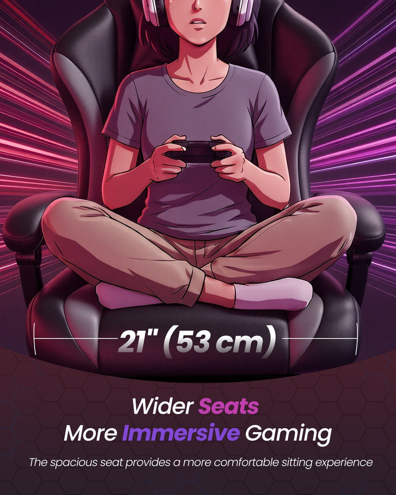 Illustration showing the 53 cm wide seat of the gaming chair