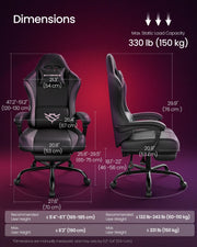 Dimensions diagram showing the gaming chair height, width, seat size and 150 kg load capacity