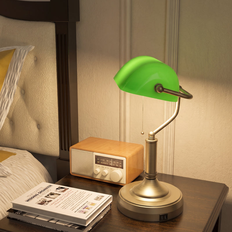 Bedside Table Lamp with Adjustable Shade and Built In USB Charging Ports Green