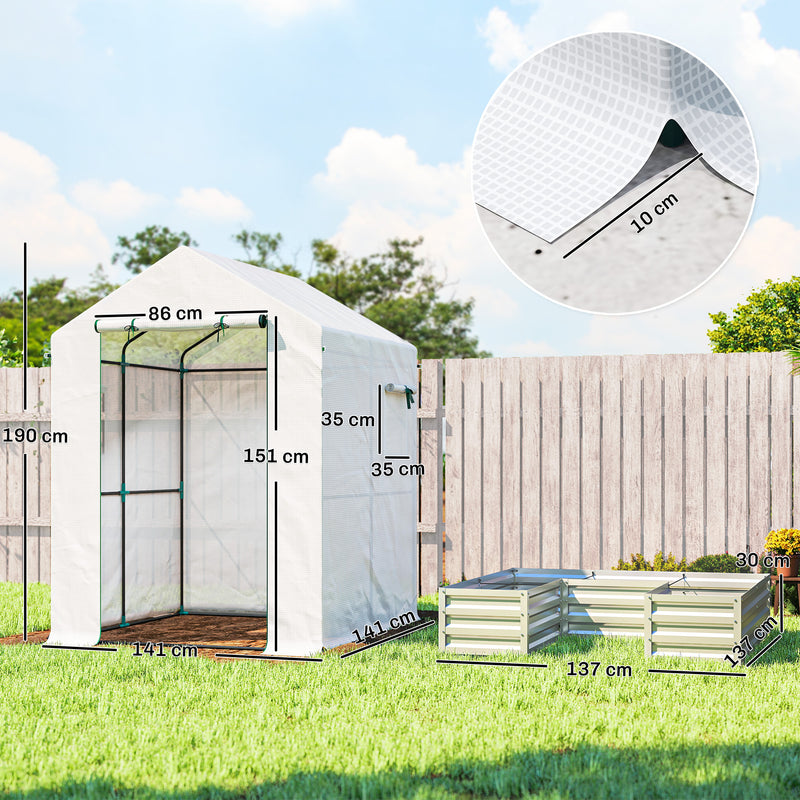 Mini Walk In Greenhouse With Raised Garden Bed And Roll Up Windows For Outdoor Growing White Outsunny