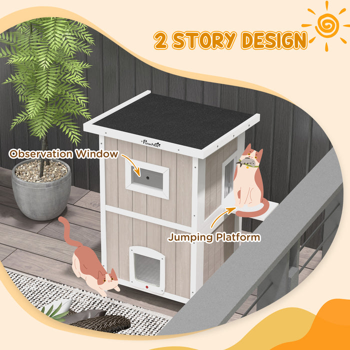2 Tier Wooden Outdoor Cat Shelter with Removable Base and Escape Doors, Light Grey