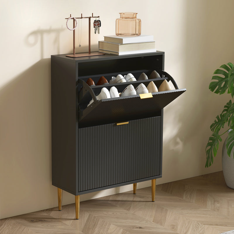 Slim Shoe Storage Cabinet with 2 Flip Drawers for Hallway or Entryway Black
