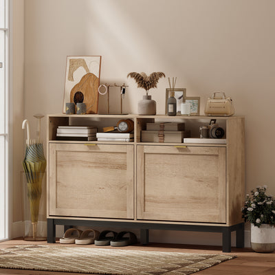 Shoe Storage Cabinet for Narrow Hallways with Flip Drawers and Open Shelves Walnut Brown AOSOM