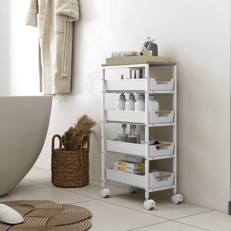5 Tier Rolling Storage Trolley With Drawers For Home Office Or Salon Use, White
