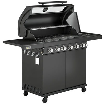 6 Burner Gas BBQ Grill With Side Burner for Easy Outdoor Cooking and Entertaining in the Garden Black Outsunny