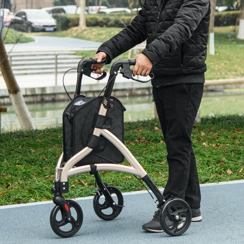 HOMCOM 3 Wheel Rollator, Lightweight Aluminium Tri Walker with Adjustable Handle, Storage Bag and Dual Brakes, 5.3kg, Gold Tone