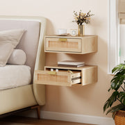 Floating Bedside Tables Set of 2 for Clutter Free Bedroom with Rattan Drawer Oak AOSOM