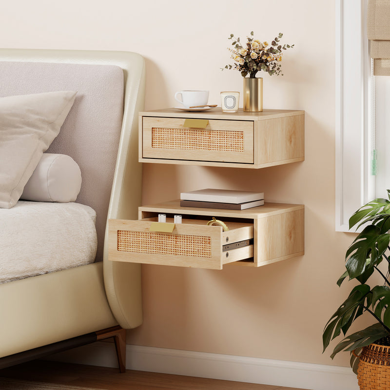 Floating Bedside Tables Set of 2 for Clutter Free Bedroom with Rattan Drawer Oak AOSOM